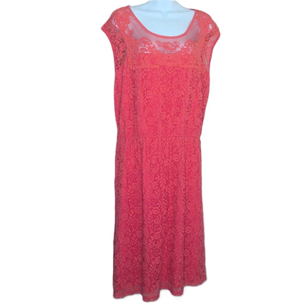 Pinky Lace & Mesh Coral Dress Sleeveless Stretch Lined Below Knee EUC Plus Sz 3X